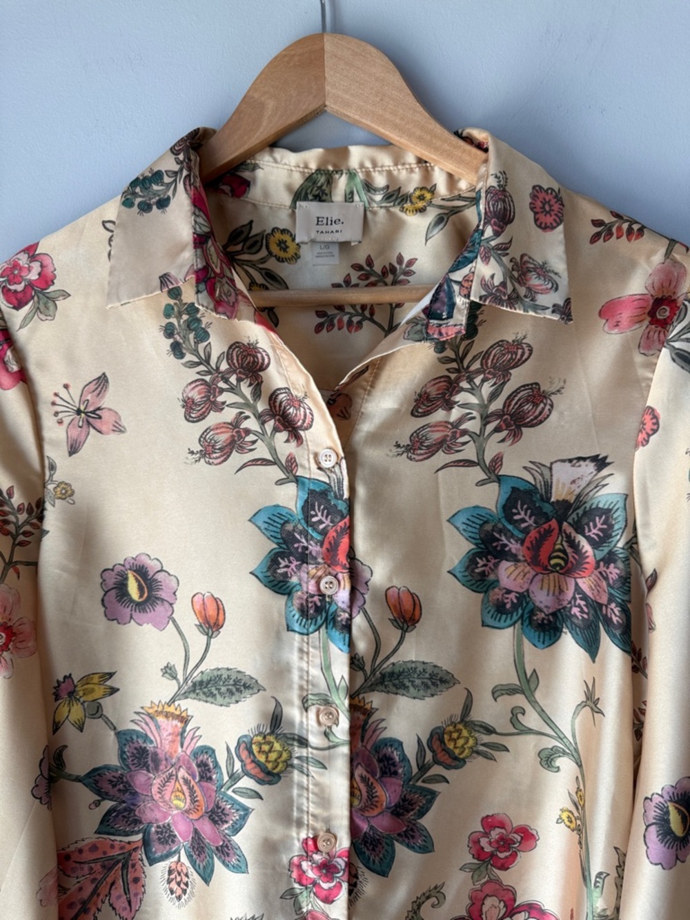 Elie Tahari Floral Boho Satin Shirt Blouse Large - Picture 3 of 6